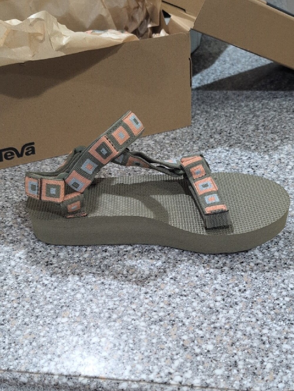Teva Olive Sandals with Pink and Light Green Geometric Straps